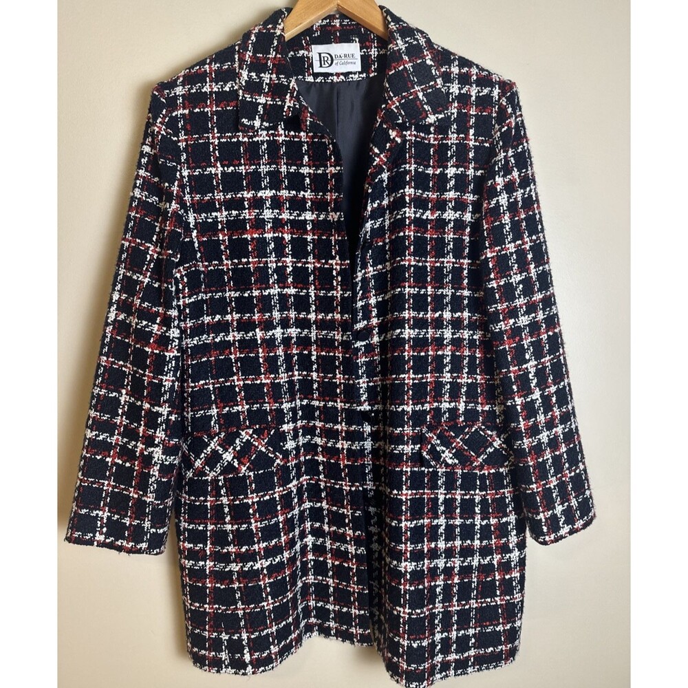 Vintage DaRue of California Tweed Coat Red Black White Overcoat Sz 14 XL